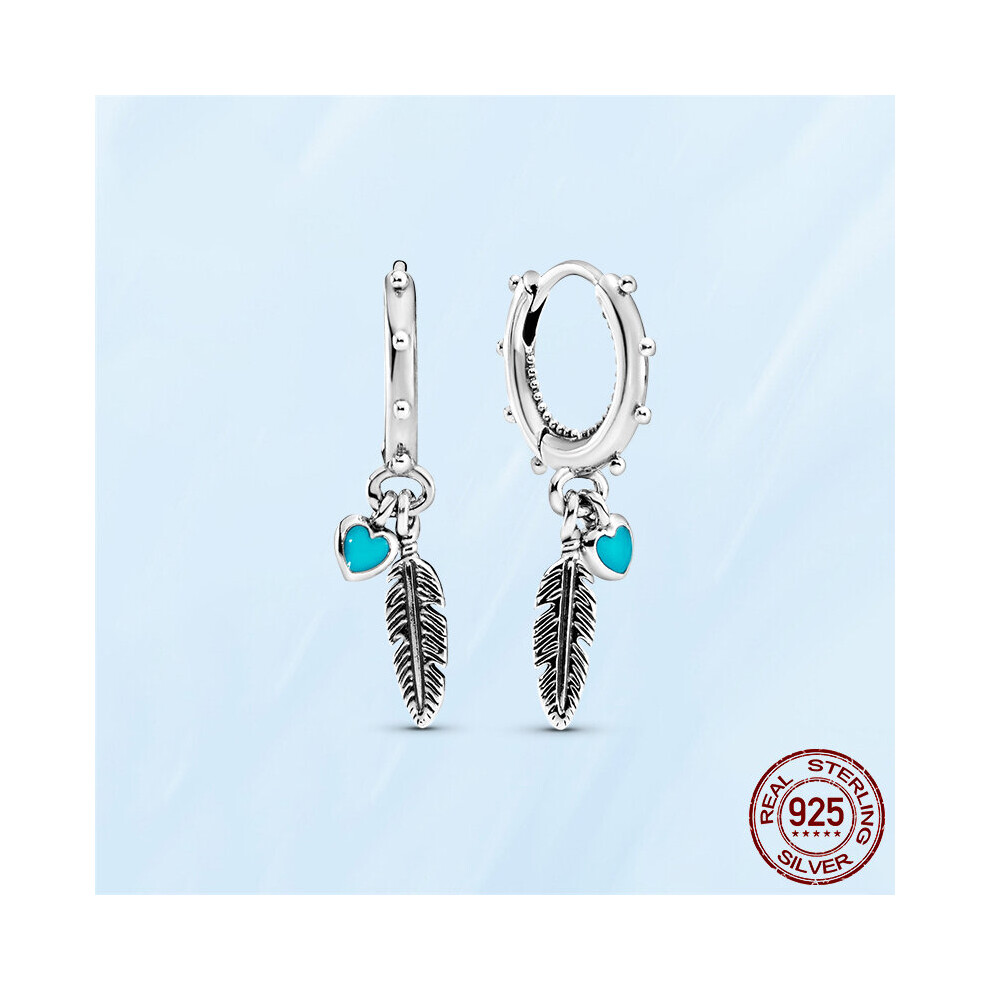 Silver Earrings 925 Sterling Silver Turquoise Hearts and Feather Hoop Earrings Fit Women Earrings Fine Jewelry Joyas