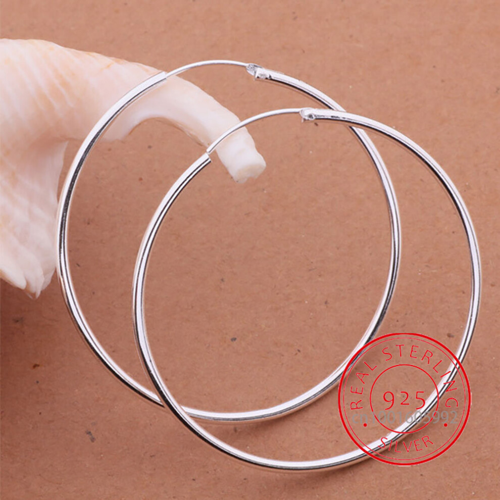 100% Pure 925 Sterling Silver Hoop Earrings For Women 50mm 60mm Round Circle Loop Woman Silver Hoop Earrings