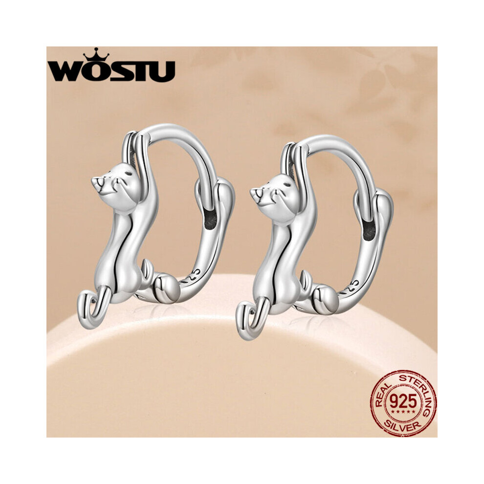 Real 925 Sterling Silver Cat Stud Earrings For Women Fine Jewelry Party Gift Animal Hoop Aretes CQE1488