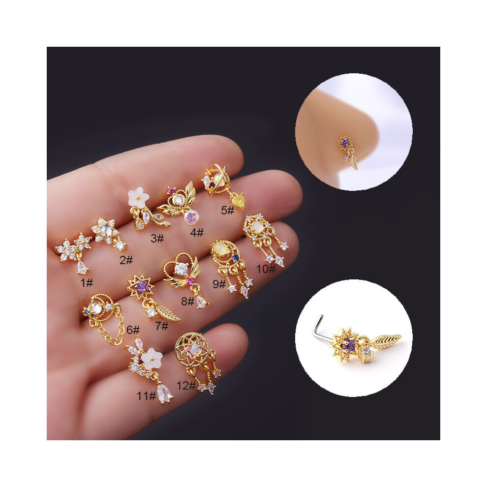 (Orange) 1Piece 20G 316L Surgical Stainless Steel CZ Dangle Nose Studs Colorful Indian Screw Nose Rings Nose Piercing Jewelry-image-OPC-PBRG85G-NEW