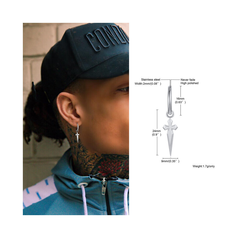 Cross Sword Hoop Earring,Dagger Hoops Earring, Stainless Steel Gothic Sword Earing, Men Hip-hop Jewelry