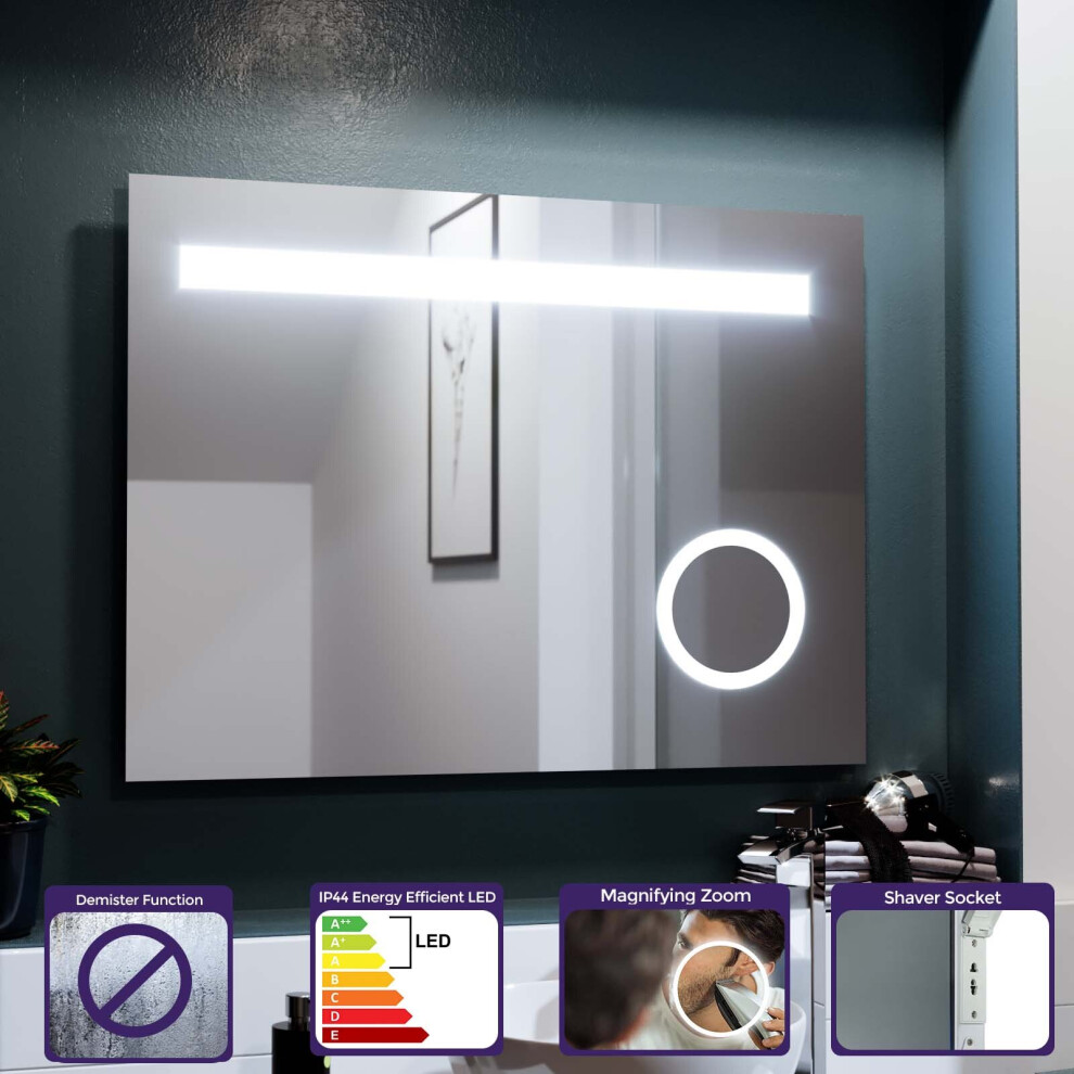 Modern Rectangle LED 800mm x 600mm Round Corner Bathroom Mirror Demister