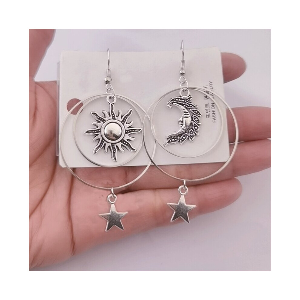 The Sun Moon Star Earrings Tibetan Silver Drop Earrings Sun Moon Star Hoop EarringsBoho Pagan Gift Celestial Earrings