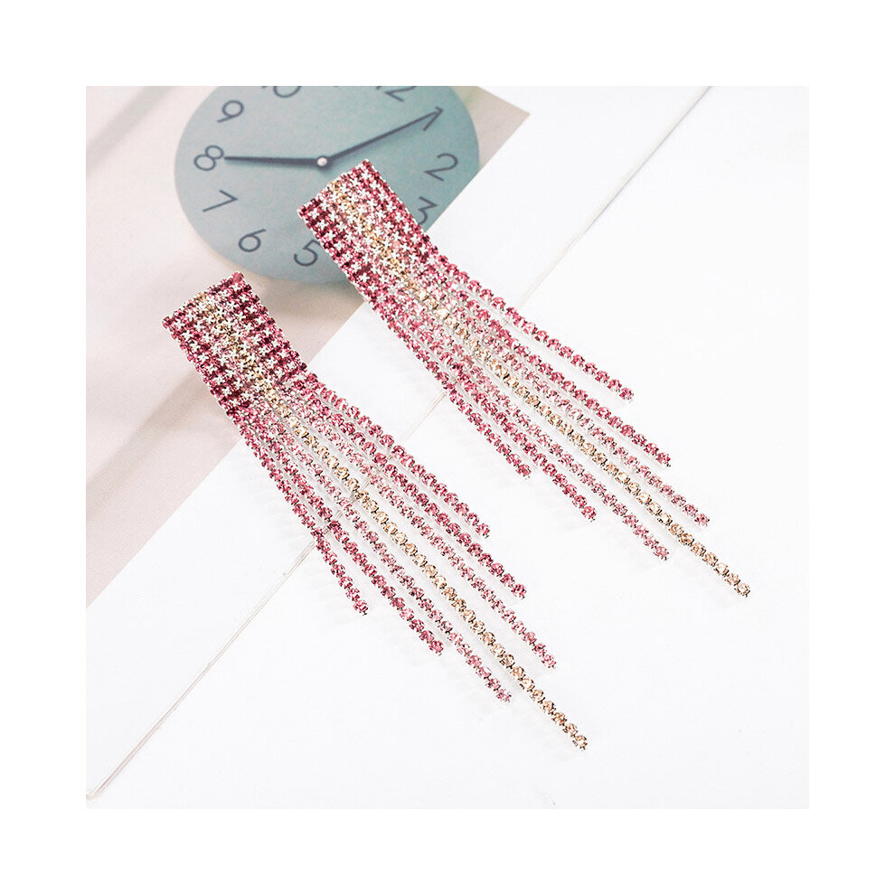 Women's Long Tassel Drop Earrings Pink Big Tassel Crystal Rhinestone Dangle Long Earrings Bride Brincos Wedding Jewelry-image-OPC-PBRGHJF-NEW