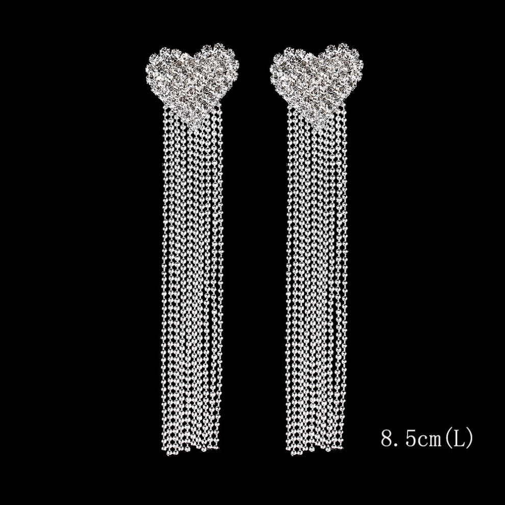 Long Tassel Drop Earrings for Women Silver Rhinestone Crystal Hanging Dangle Earring Bridal Wedding Jewelry