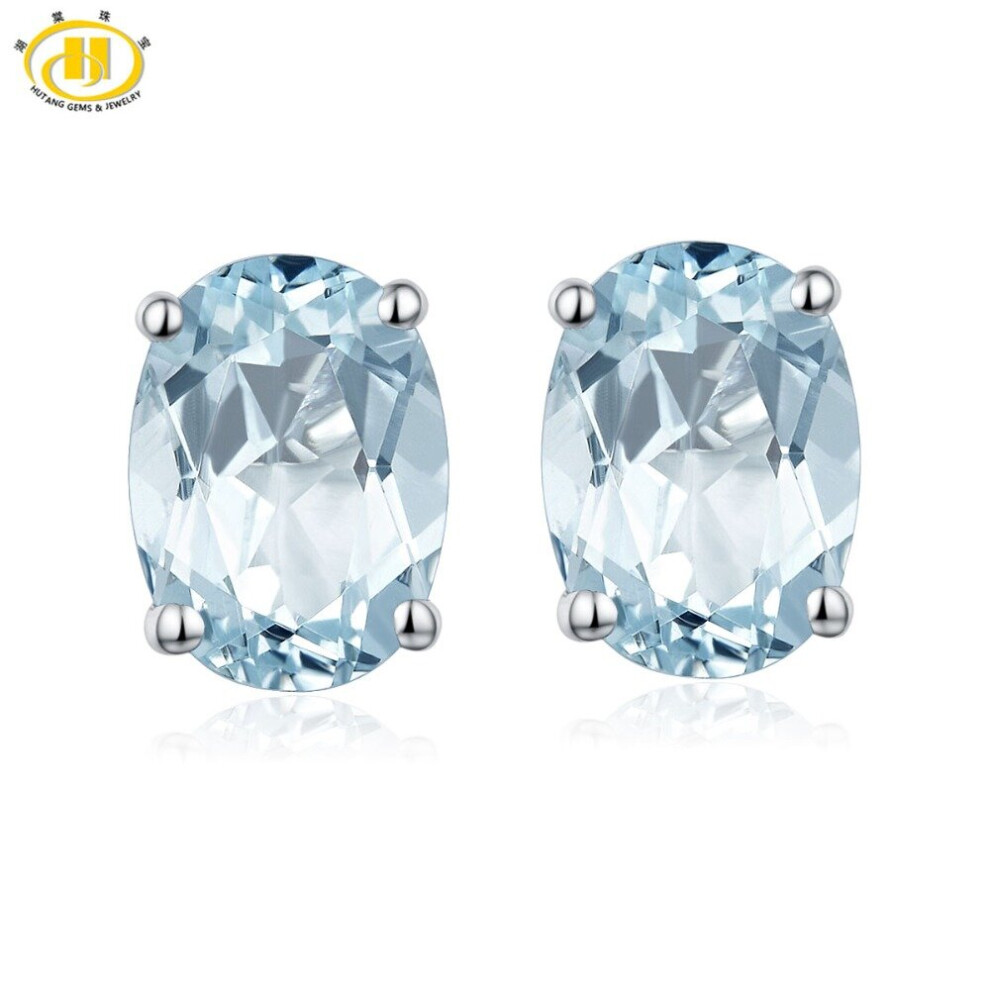 HUTANG Aquamarine Women's Stud Earrings Natural Gemstone Solid 925 Sterling Silver Fine Classic Jewelry for Gift