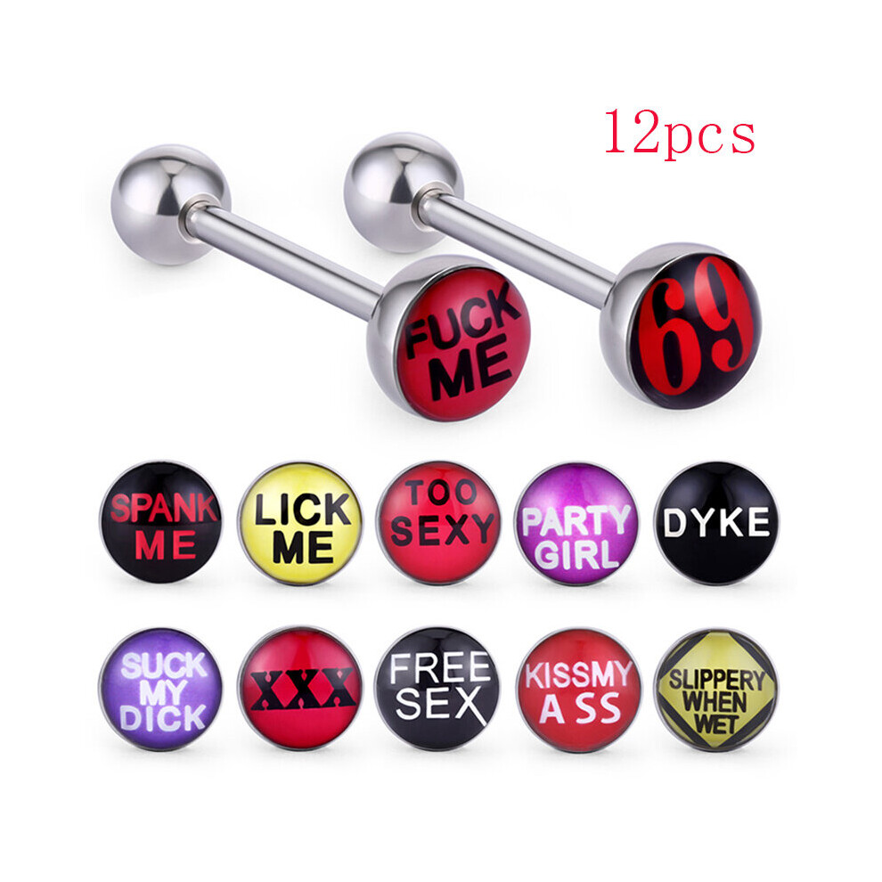 12Pcs Nightclub Sexy Tongue Piercing Stainless Steel Tongue Rings Barbells  Punk Words Body Jewellry Women Girls Party on OnBuy