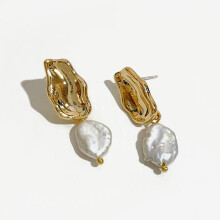 Peri'sbox Large Flat Freshwater Pearl Drop Earrings for Women Metal Baroque Pearl Earrings Jewelry Selling