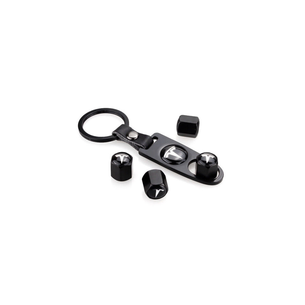 Tesla Tire Valve Stem Caps With Key Chain Wrench Black 5701510941672