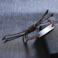 (Rhodium Plated, 18cm) Braided Rope Bracelets for Boys Kids Stainless Steel ID Bar Bangle Children Anti Lost Jewelry Personalize Name
