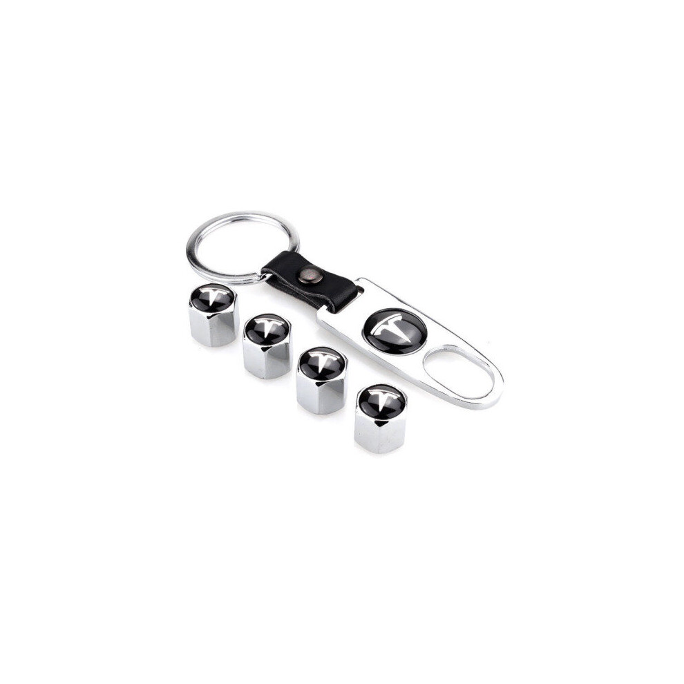 Tesla Tire Valve Stem Caps With Key Chain Wrench Silver 5701510941689