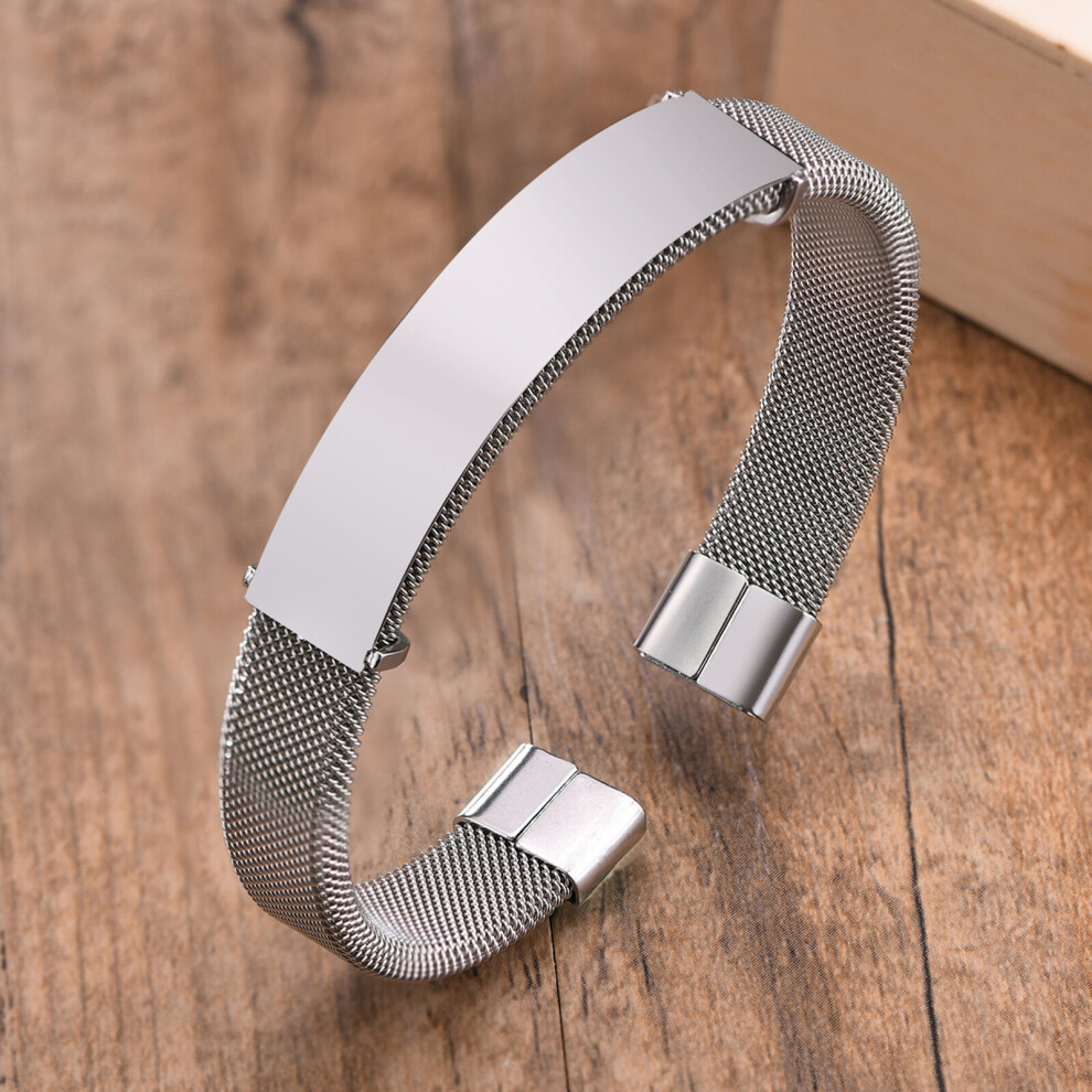 (Rhodium Plated, 19.5cm) Personalized Engrave Mesh Band ID Bracelets for Men Women,Stainless Steel Metal Cuff Bangles,Custom Wristband Gift Jewelry-image-OPC-PBRHKCG-NEW
