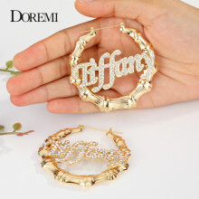 DOREMI Bling Name Bamboo Earrings Trapezoid Hoop Bamboo Names Earrings Letter Big Personalised Name Earrings Women Gift