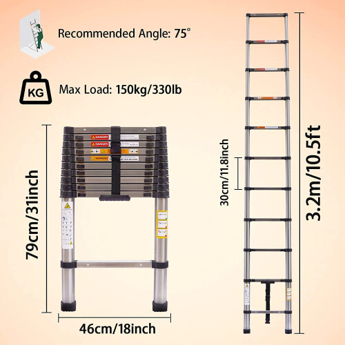 3.2M Telescopic Ladder 10.5FT MultiPurpose Stainless Steel Telescoping