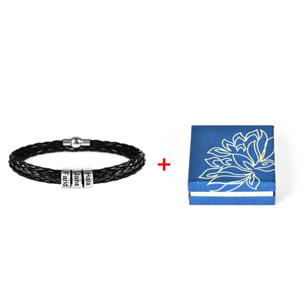 (Black Gun Plated, 19cm) Personalized Men Braided Leather Bracelet Stainless Steel Beads Name Charm Bracelet for Men Husband Gift with Box-image-OPC-PBRHQJB-NEW