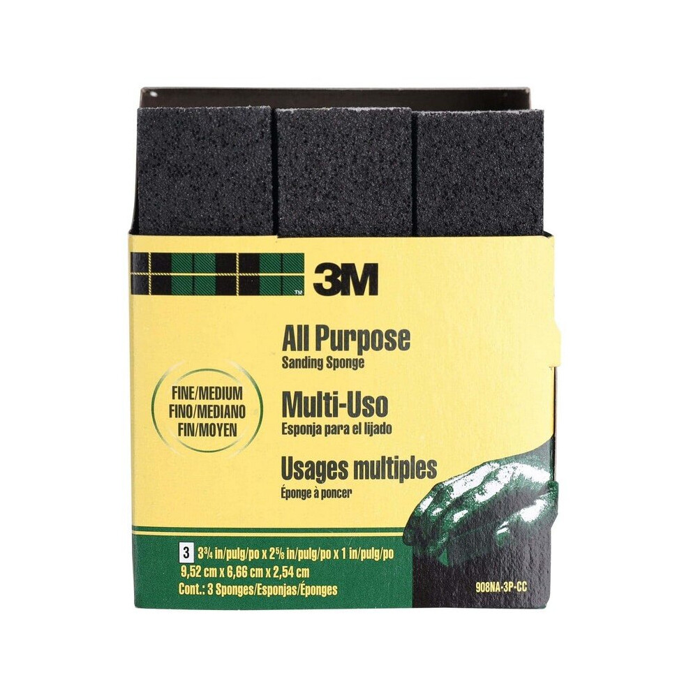 3M All Purpose Fine Grit Sanding Sponge Pack (9.52 x 6.66 x 2.54 cm, 3 Pc.)