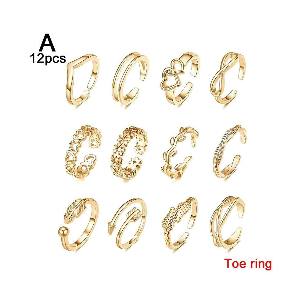 12pcs Adjustable Toe Rings For Women Girls Beach Open Toe Ring Set Arrow Heart Feather Summer Toe Ring Foot Jewelry