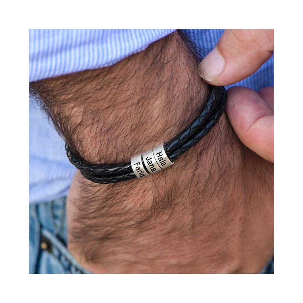 (Hot Stamping, 21cm) Personalized Mens Braided Leather Bracelet Stainless Steel Beads Name Charm Bracelets for Men with Family Names