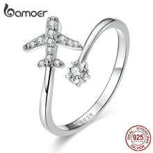 SCR623: 925 Sterling Silver Flying Plane Open Ring for Women, Adjustable, Clear CZ - Fine Jewelry