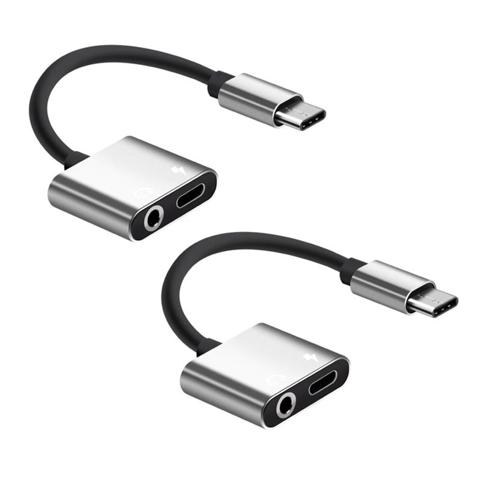 2X 2 In1 Type-C To 3.5Mm Headphone Adaptor/Connector Charger, Earphone Aux Audio & Charge Adaptor Silver 4762103376913