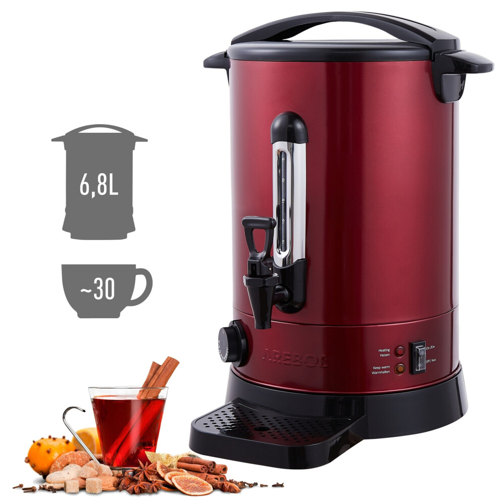 AREBOS Catering Urn | Mulled Wine Cooker 950W Hot Drink Dispenser 6.8L with Drip Tray, Outlet Tap, Thermostat and Overheating Protection 30-110 C Red