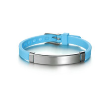 (Hot Stamping, 16.5cm) Bluelory Soft Silicone Rudder Kids Baby ID Adjustable Bracelet Stainless Steel Engrave Name Phone Number Boy Girl Jewelry