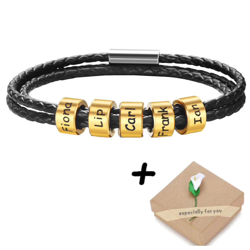 (Light Yellow Gold Color, Green) Personalized Family Names Bracelets for Men Stainless Steel Beads Charms Leather Magnet Bracelet Father's-image-OPC-PBRKYTR-NEW