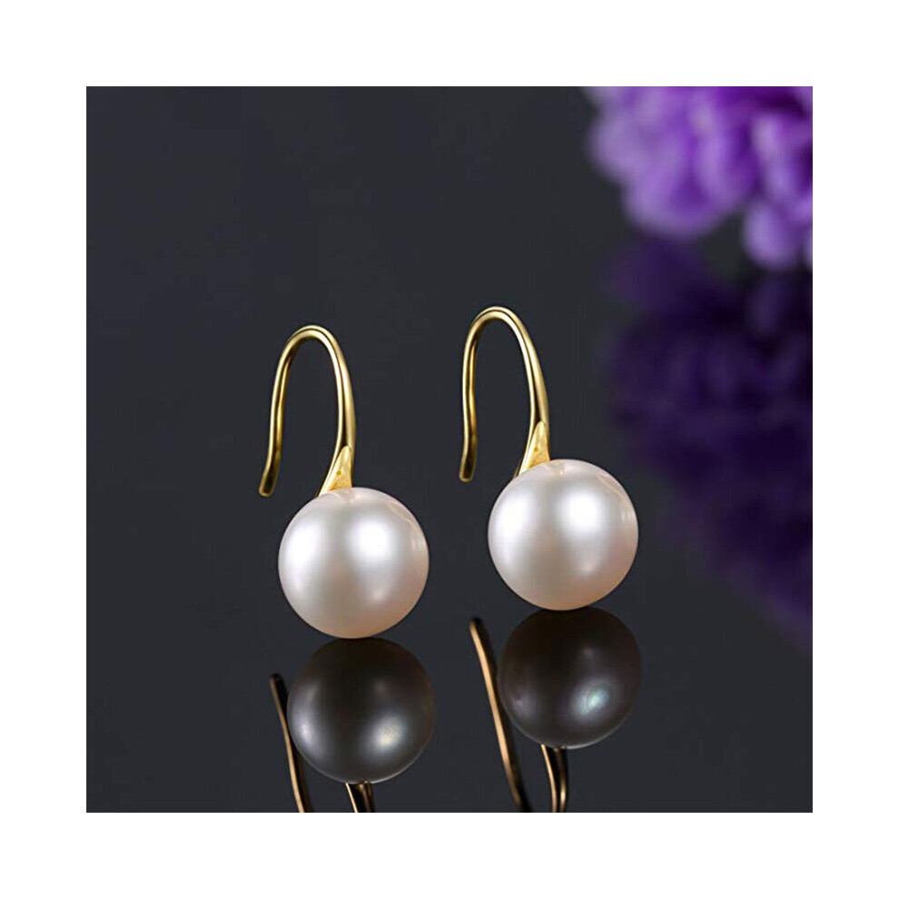 8-9Mm Cultured Freshwater Pearl Earrings For Women, 925 Sterling Silver Freshwater Cultured Pearl Drop Dangle Hook Earring White