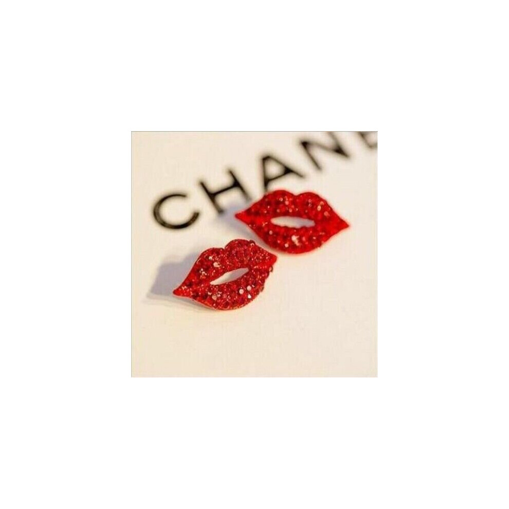 1Pair Sexy Red Lips Crystal Stud Earrings Women's Sparkling Earrings For Women Girls Jewelry