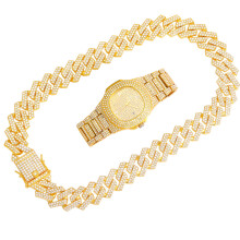 (Light Yellow Gold Color, 70cm) Iced Out Watch Men Cuban Necklace Men Watches Quartz Men's Silver Watch Bracelet Set Waterproof Hip Hop Clock Jewelry Gift