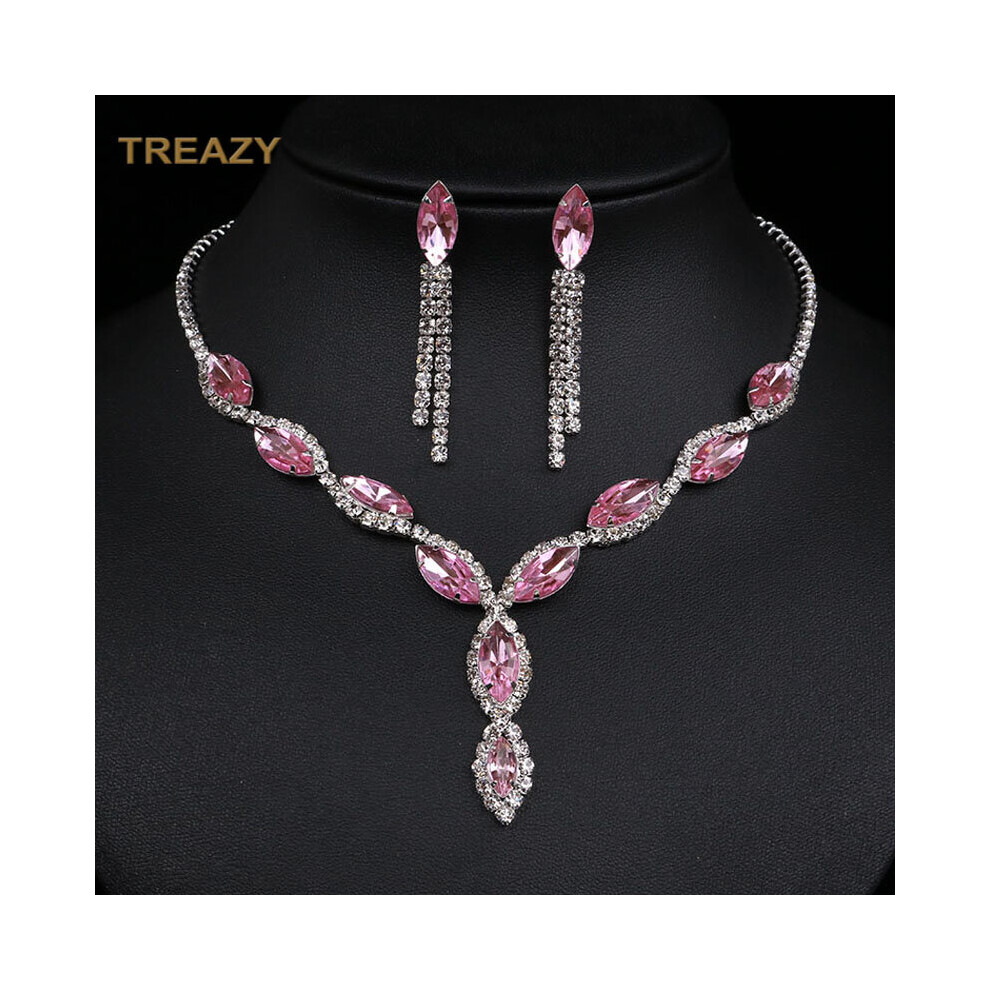 Leaf Tassel Wedding Jewelry Sets Charm Pink Crystal Choker Necklace Earrings Set Bridal Jewelry Sets Women Accessories