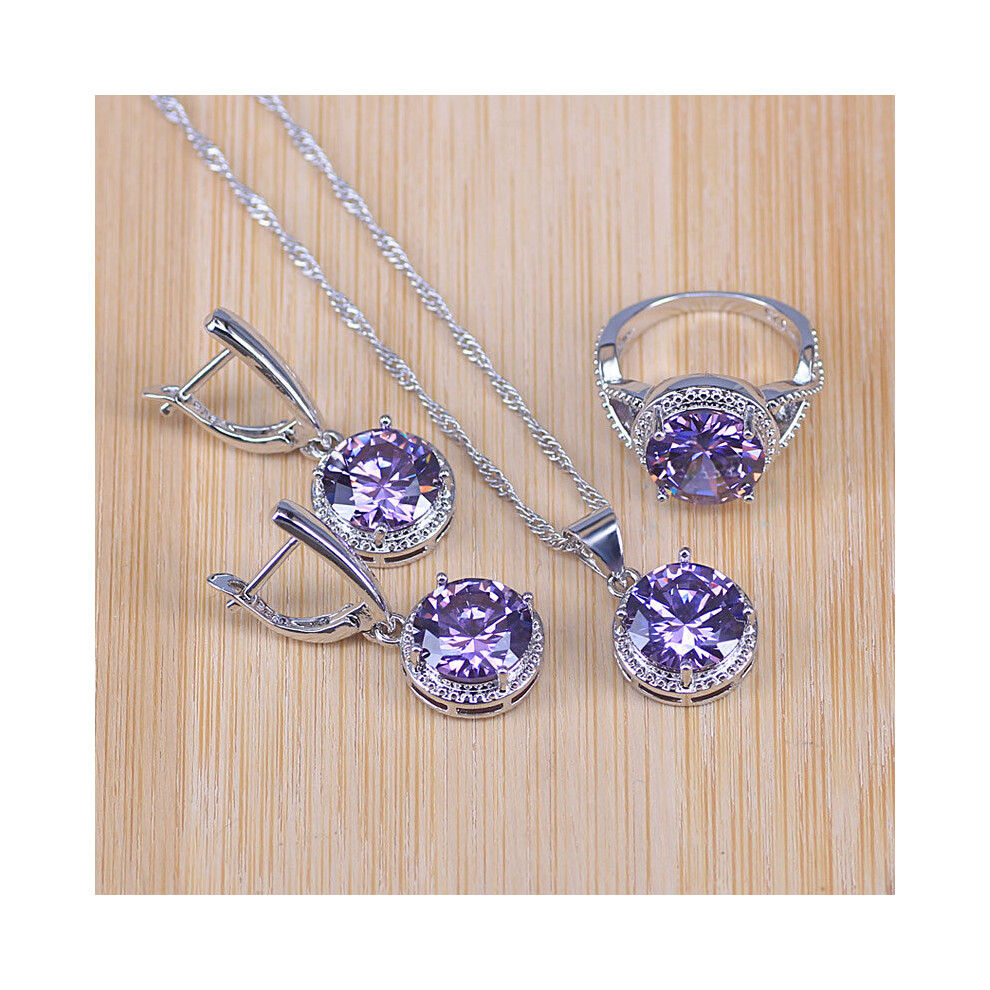 (Rhodium Plated, 10) Big Purple Cubic Zirconia Silver Jewelry Set earrings ring necklace set for Women