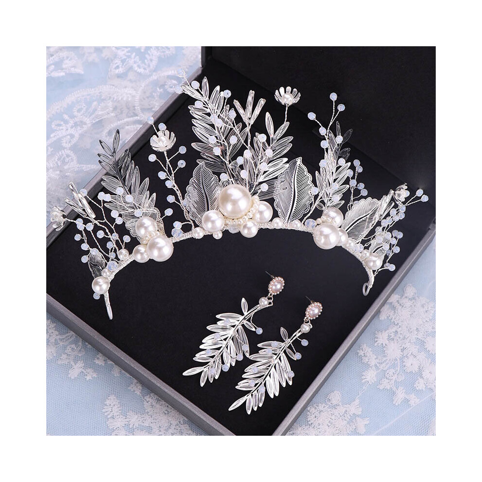 Silver Pearl Flower Leaf Crystal Tiara Crown Earrings Jewelrys Set Headpiece Bride Noiva Wedding Hair Accessories