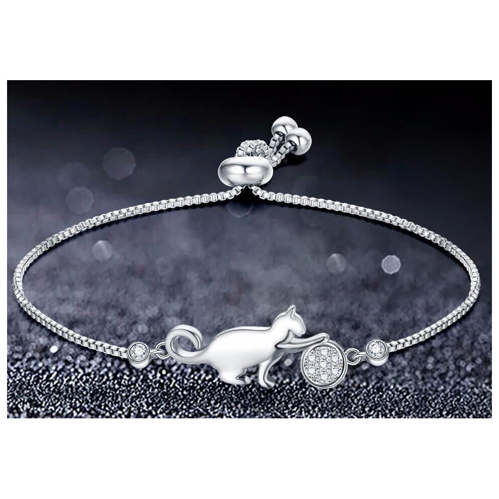 SIPENGJEL Pave Zircon Cat With Ball Chain Bracelets For Women On Hand Silver Adjustable Bracelets Party Jewelry