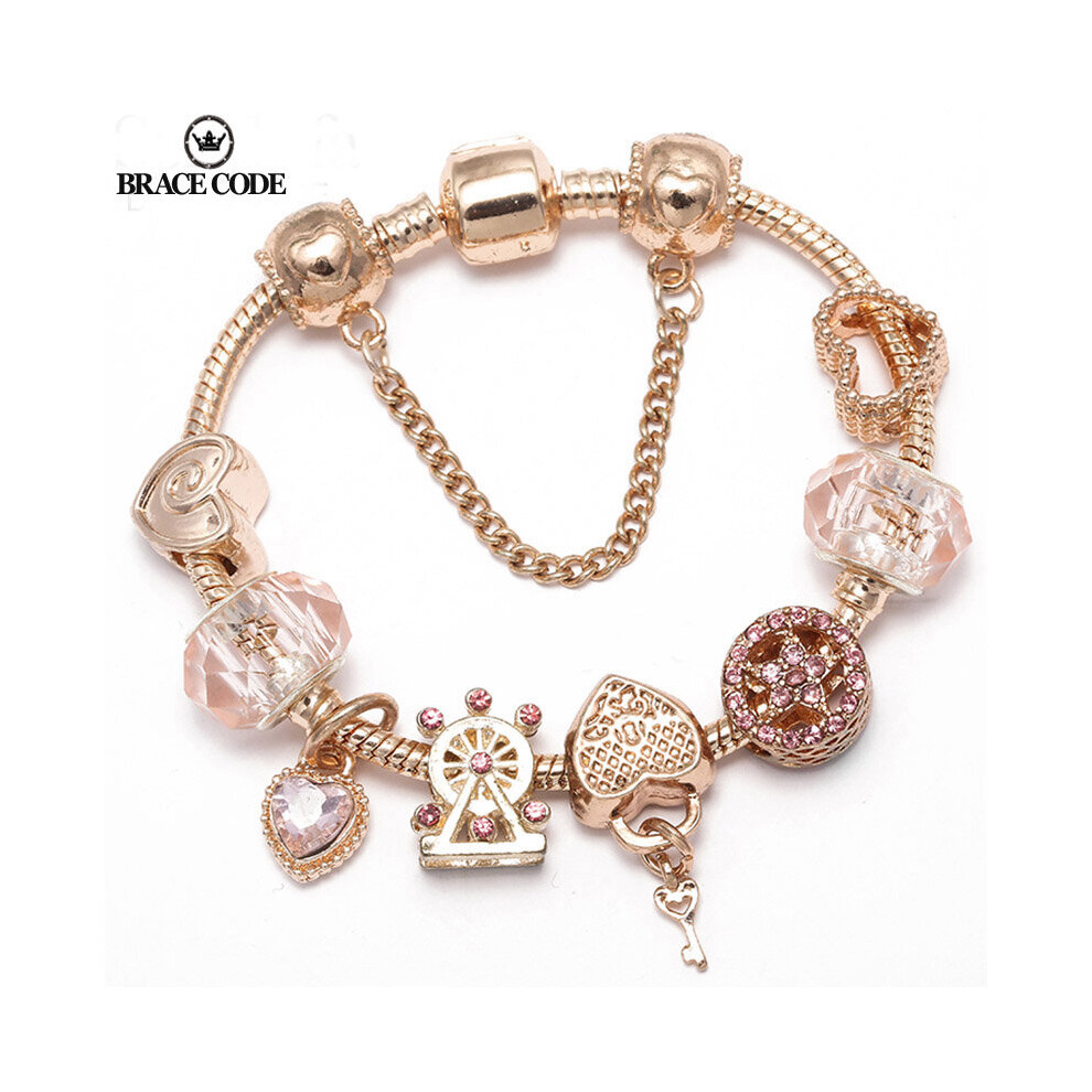 (Light Yellow Gold Color, 16cm) Rose DIY Charm Bracelet With Love Heart Pendant Beads Bracelets As Women Lover Jewelry-image-OPC-PBRP6VX-NEW