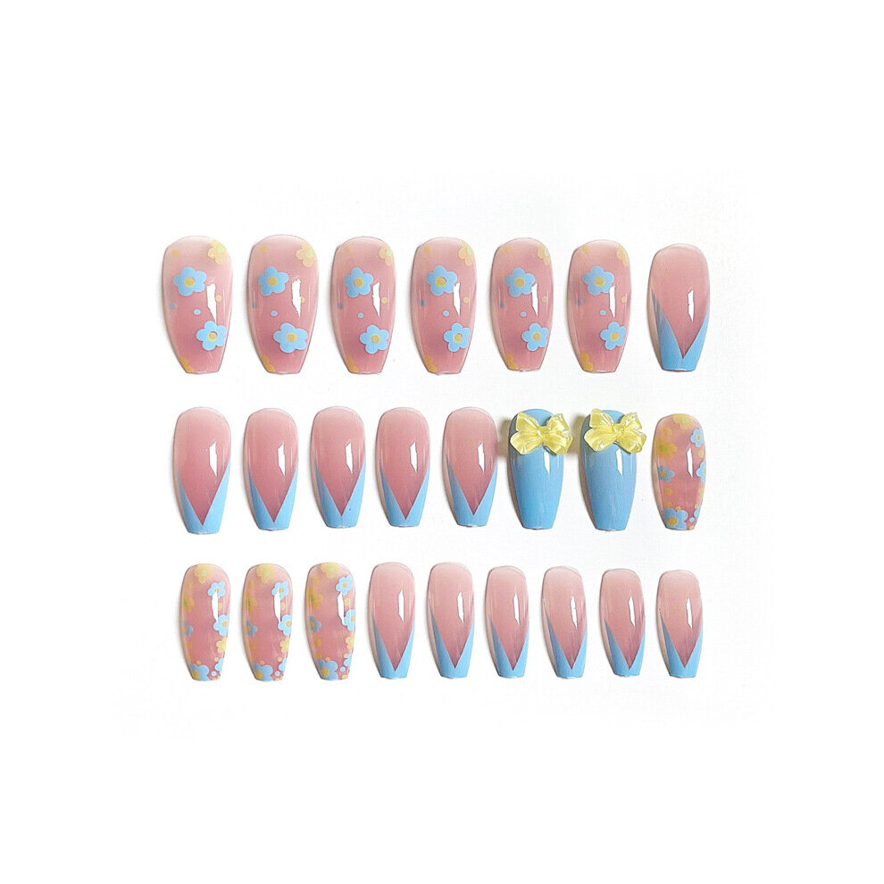24pcs Bow Flower Printed Nail Patch Glue Type Removable Long Paragraph Manicure Save Time False Nail Patch HSJ88