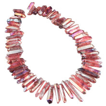 Red Titanium Coated Quartz Crystal Points Drilled Sticks Spikes 16 inch Strand