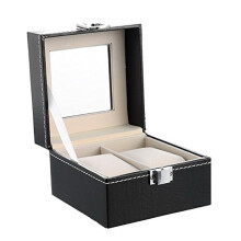 Watch Box Small 2 Mens Leather Display Glass with Removable Watch Pillow Velvet Lining Metal Clasp Faux Leather