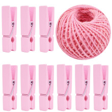 50pcs Pink Wooden Clothespins Photo Clips Wood Laundry Peg Pins Craft Clips with 50 Meter Twine for DIY Projects Home Decoration