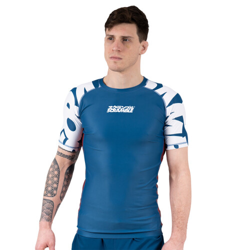 (X-Large) SCRAMBLE BAKA SHORT SLEEVE RASH GUARD - BLUE 2