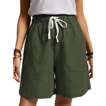 (Green, M UK SIZE 12) UK Womens Cotton Solid Drawstring Shorts Ladies Pocket Loose Elastic Waist Pants
