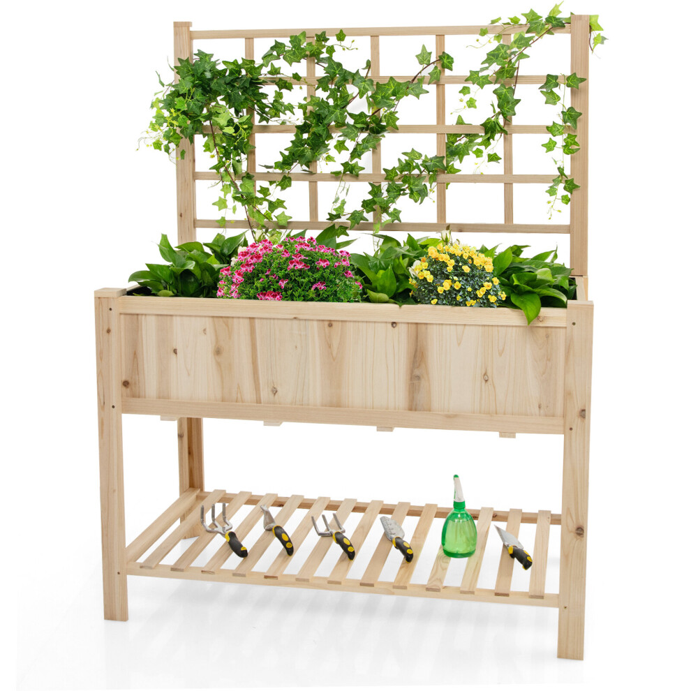 Wooden Elevated Planter Box Planter Stand with Trellis & Storage Shelf