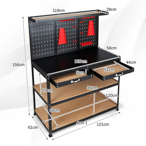 Costway Metal Work Bench Garage Worktable Storage Table W/ Shelves & 2 Drawers 1