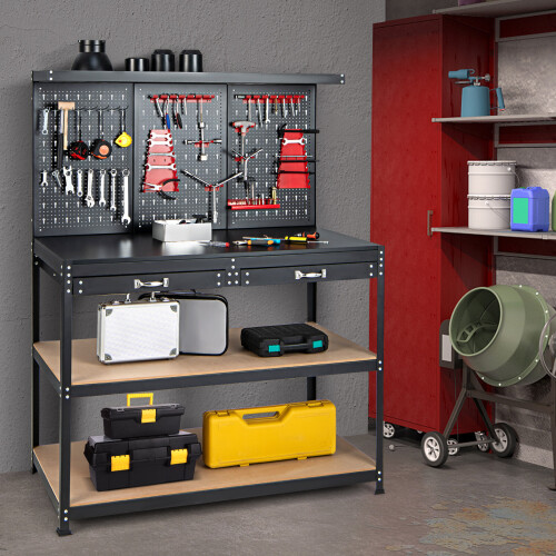 Costway Metal Work Bench Garage Worktable Storage Table W/ Shelves & 2 Drawers 2