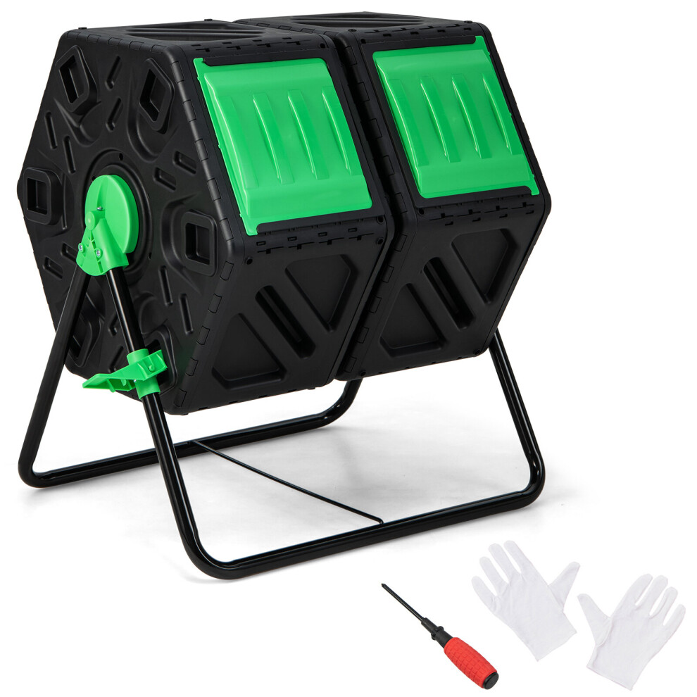 130L Garden Compost Bin Dual Chamber Compost Tumbler w/ Sliding Doors