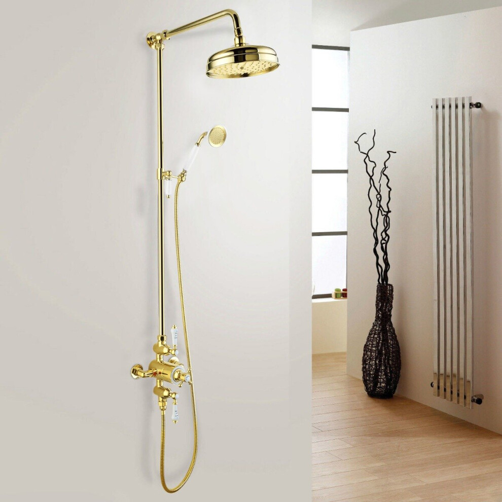 Enora Traditional Exposed Thermostatic Valve, Riser Rail & Round Handset Gold