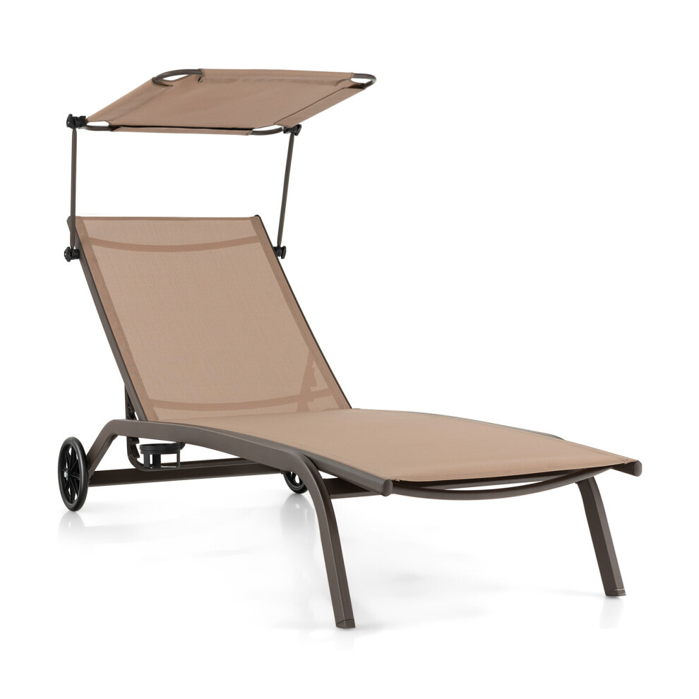 Patio Chaise Lounge Chair Heavy-Duty w/6-Level Canopy Cupholder&Wheels