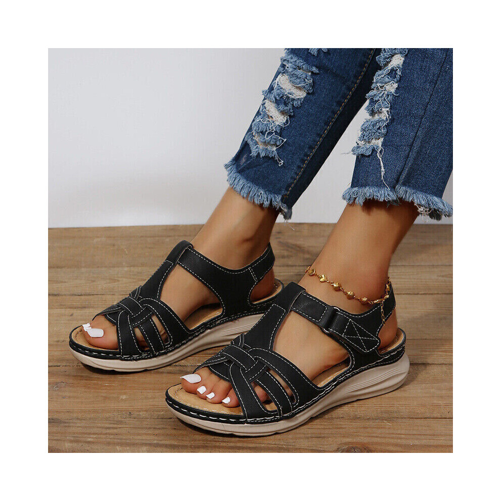 (Black, UK 5) Womens Summer Casual Orthopedic Low Wedge Sandals Ladies Wide Fit Flat Shoes UK