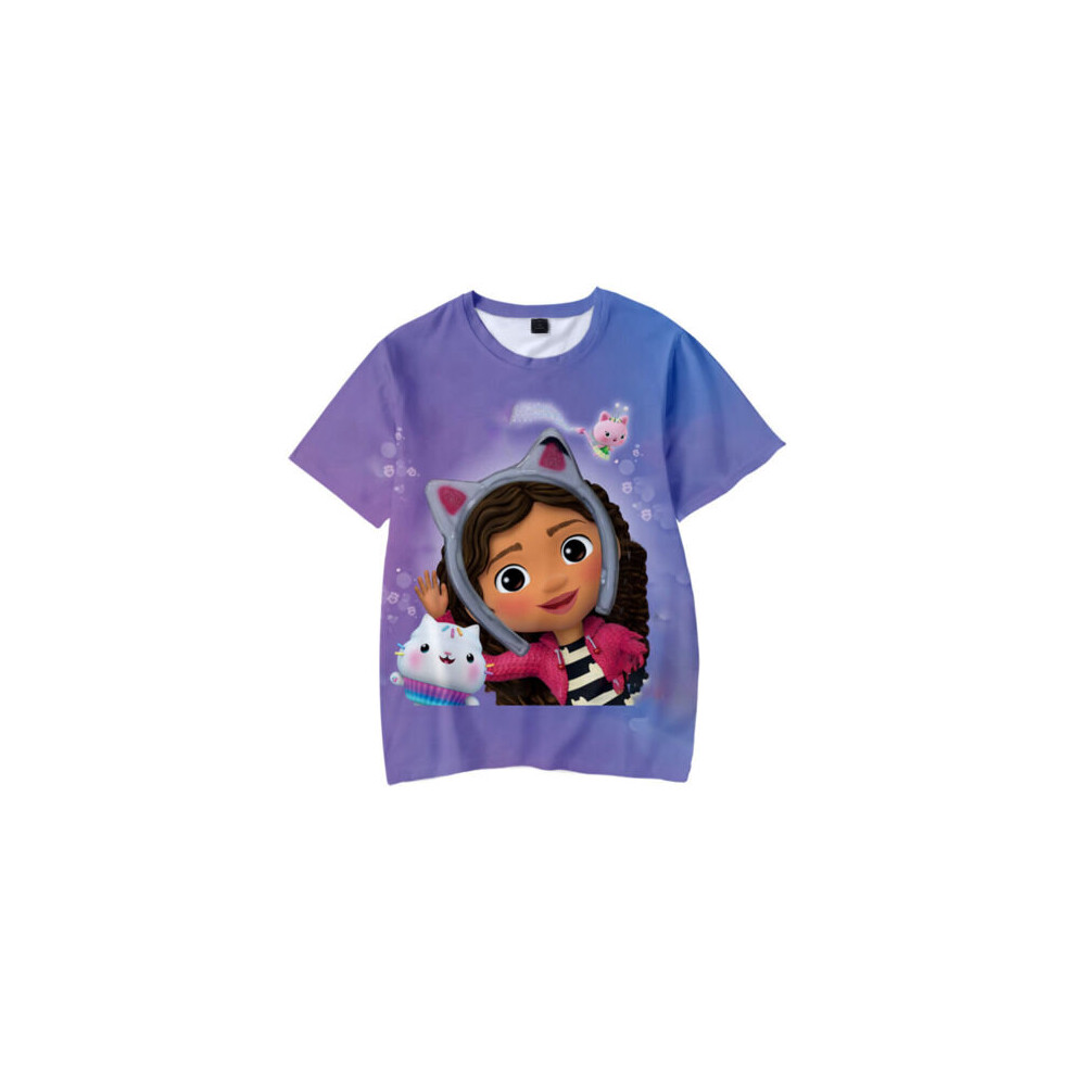 (Purple, 100cm/39.37in) Cartoon Gabbys Dollhouse 3d Print Casual Short Sleeve Tshirt Top Tee Kids Gift