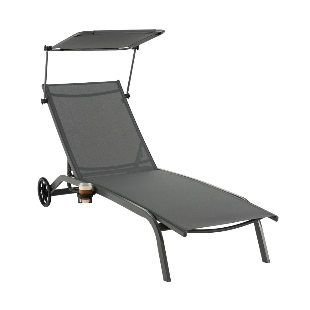 Patio Chaise Lounge Chair Heavy-Duty w/6-Level Canopy Cupholder&Wheels